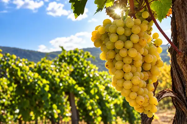 Racimo dorado de uva Italia aromática madurando bajo el sol.