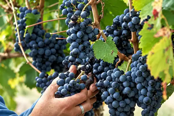 Cosecha manual de racimos de uva Negra Criolla en el viñedo.